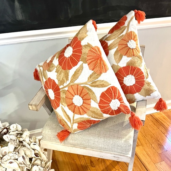 Home Accents Other - Crewel Terracotta Stunning Embroidery Pillow,Sun-Coral, Boho,l Cushion, Size 18”
